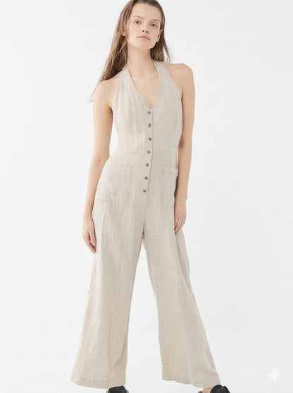NWT Urban Outfitters Arlo Linen Button-Front Halter Jumpsuit - Small