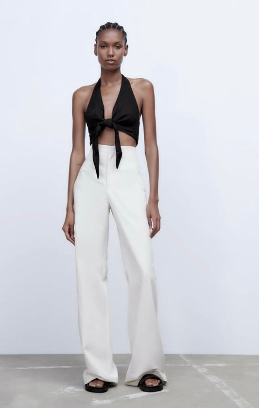 Zara Black Linen Halter Crop Top - Small