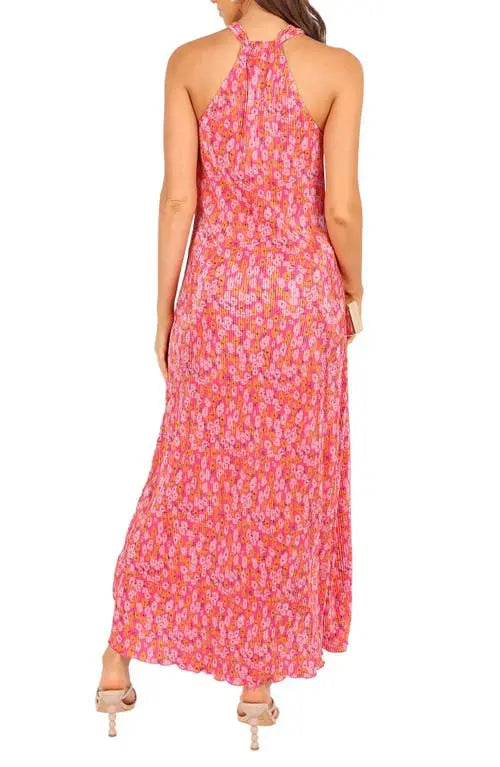 Petal + Pup Melody Plisse Pink Floral Halter Maxi Dress - XL