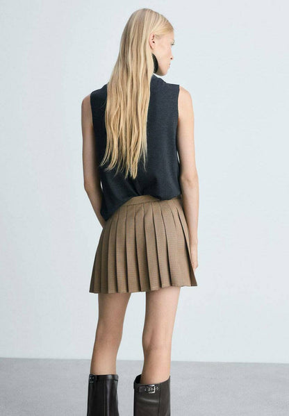 MNG Brown Houndstooth Pleated Mini Skirt - 6