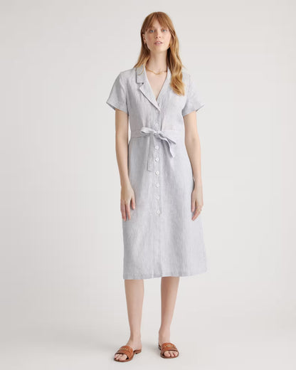 Quince European Linen Button Front Dress in Blue Pinstripe - XS