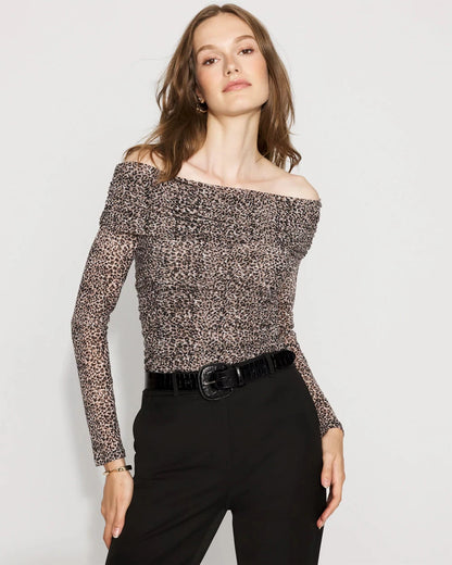 WHBM Off-The-Shoulder Mesh Top in Joyful Leopard Taupe - Medium