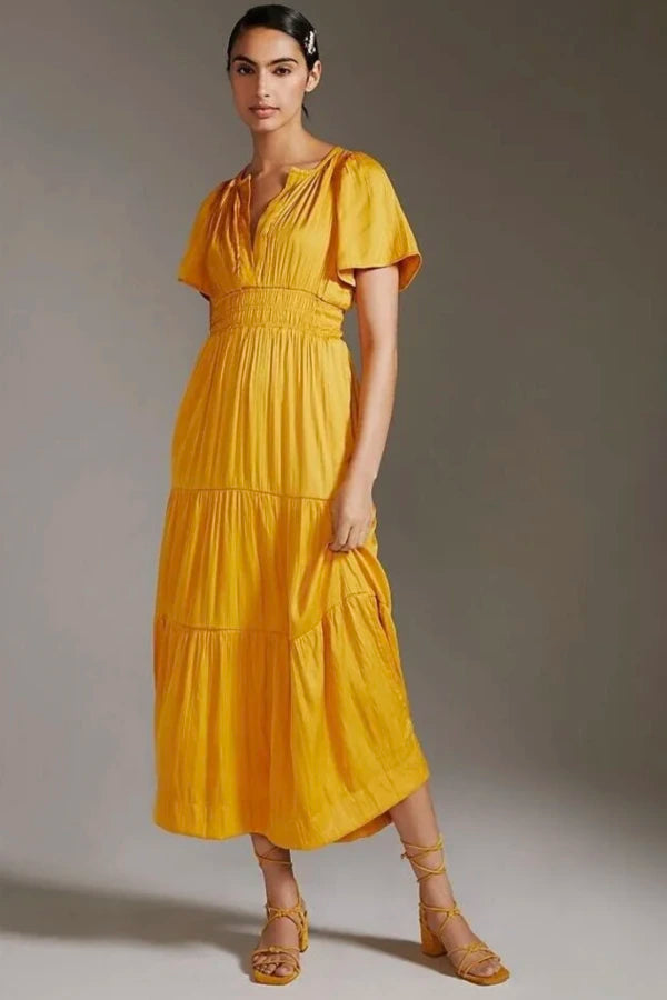 Anthropologie The Somerset Satin Maxi Dress in Mango - Large