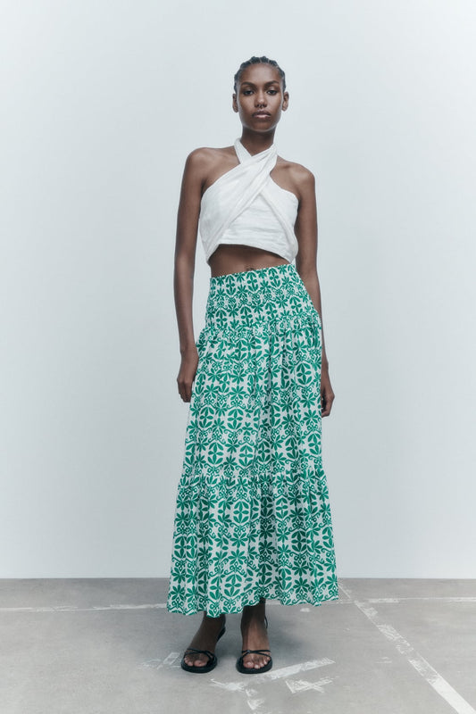 Zara Green Printed Maxi Skirt - XS