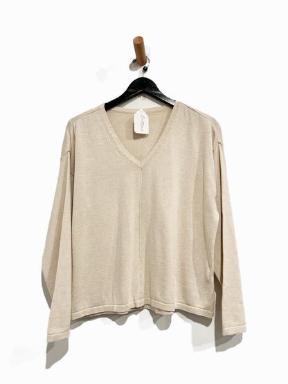 Pact Fine Knit Relaxed V-Neck Sweater in Wheat Heather - Medium