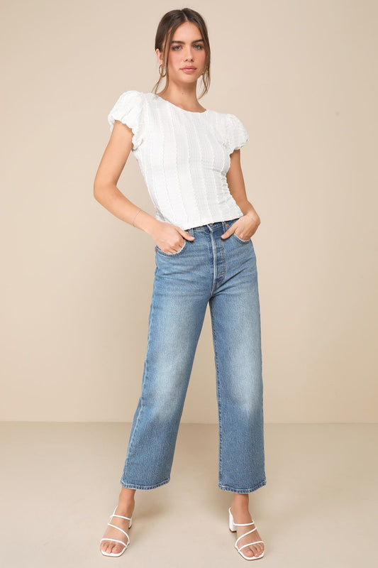 Lulus Truly the Sweetest Ivory Textured Knit Backless Puff Sleeve Top - Large