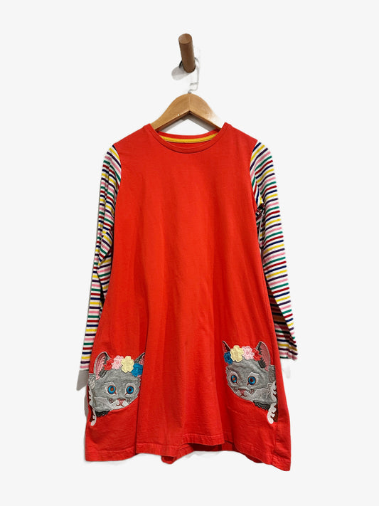 Watermelon Kitty Cat Patch Dress Rainbow Stripe Sleeves - 8Y