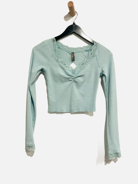 Free People Blue Cropped Waffle Knit LS - Small