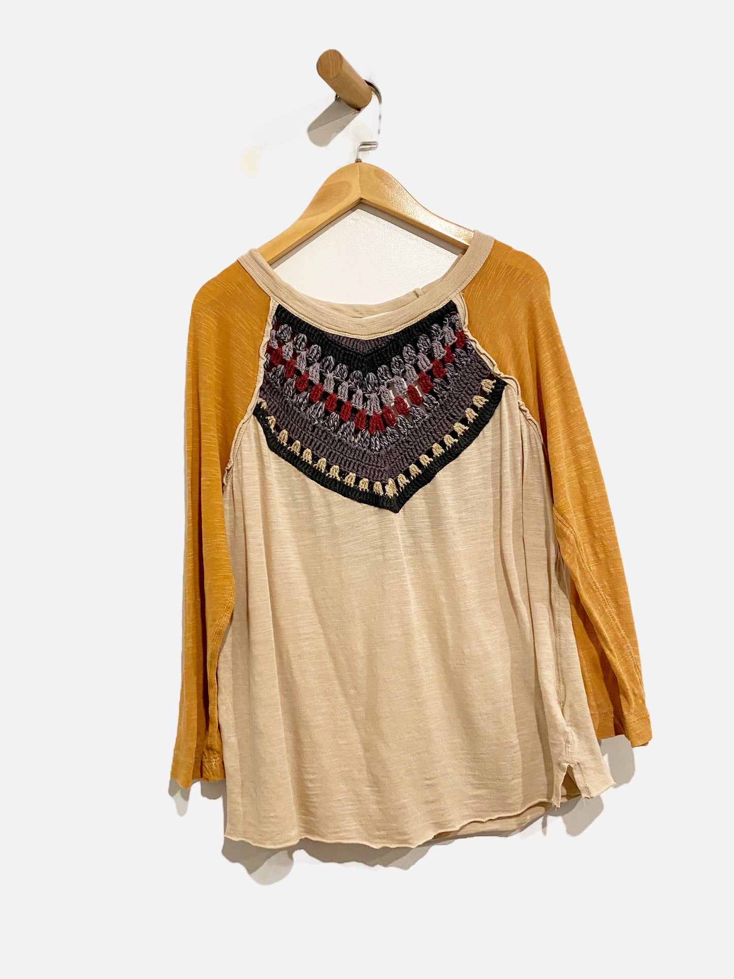 Free People Orange Multi Color Crochet 3/4 Sleeve Top - Large