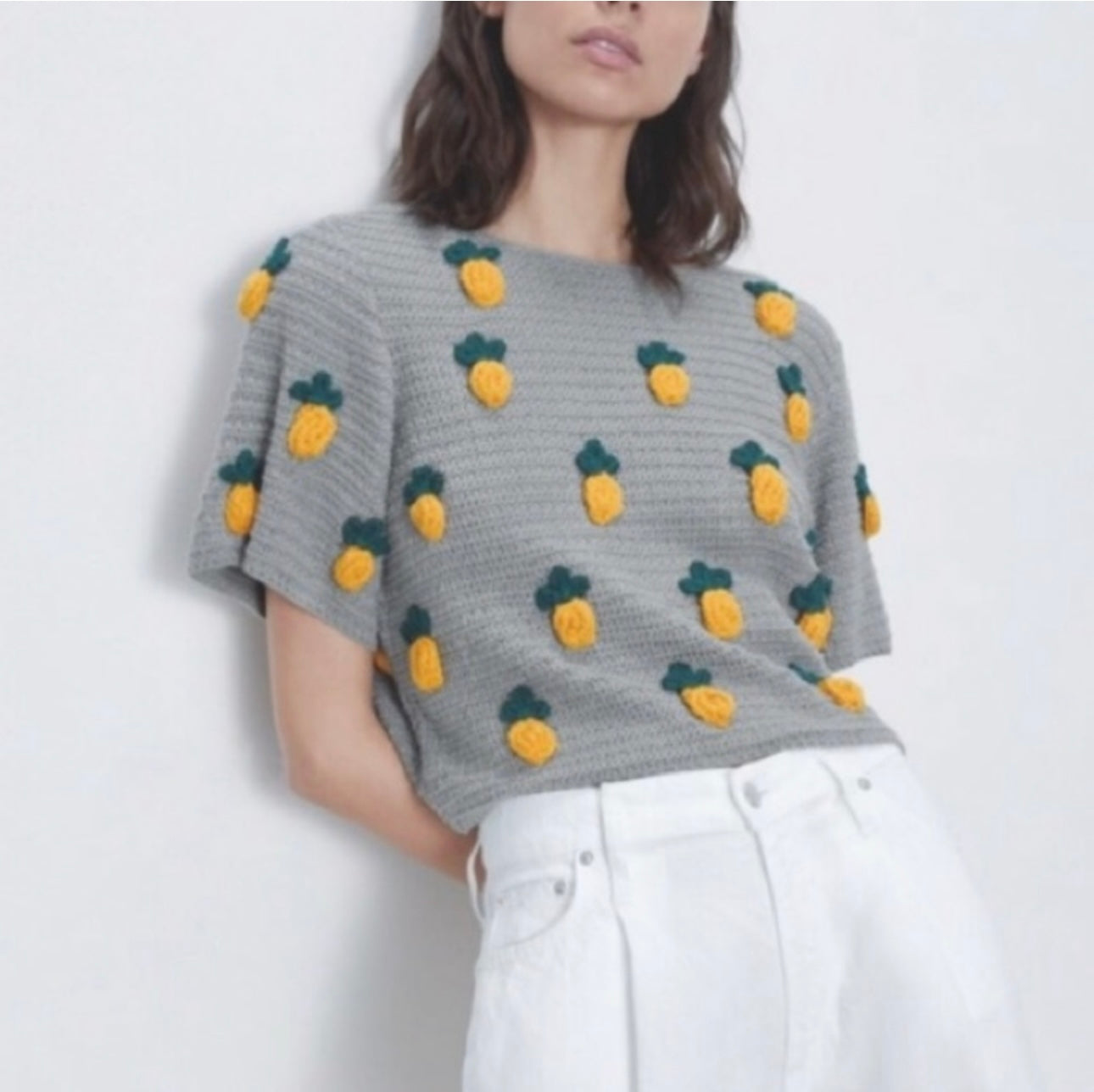 Zara Pineapple Short Sleeve Sweater- Small