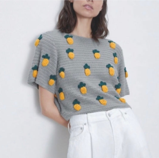 Zara Pineapple Short Sleeve Sweater- Small