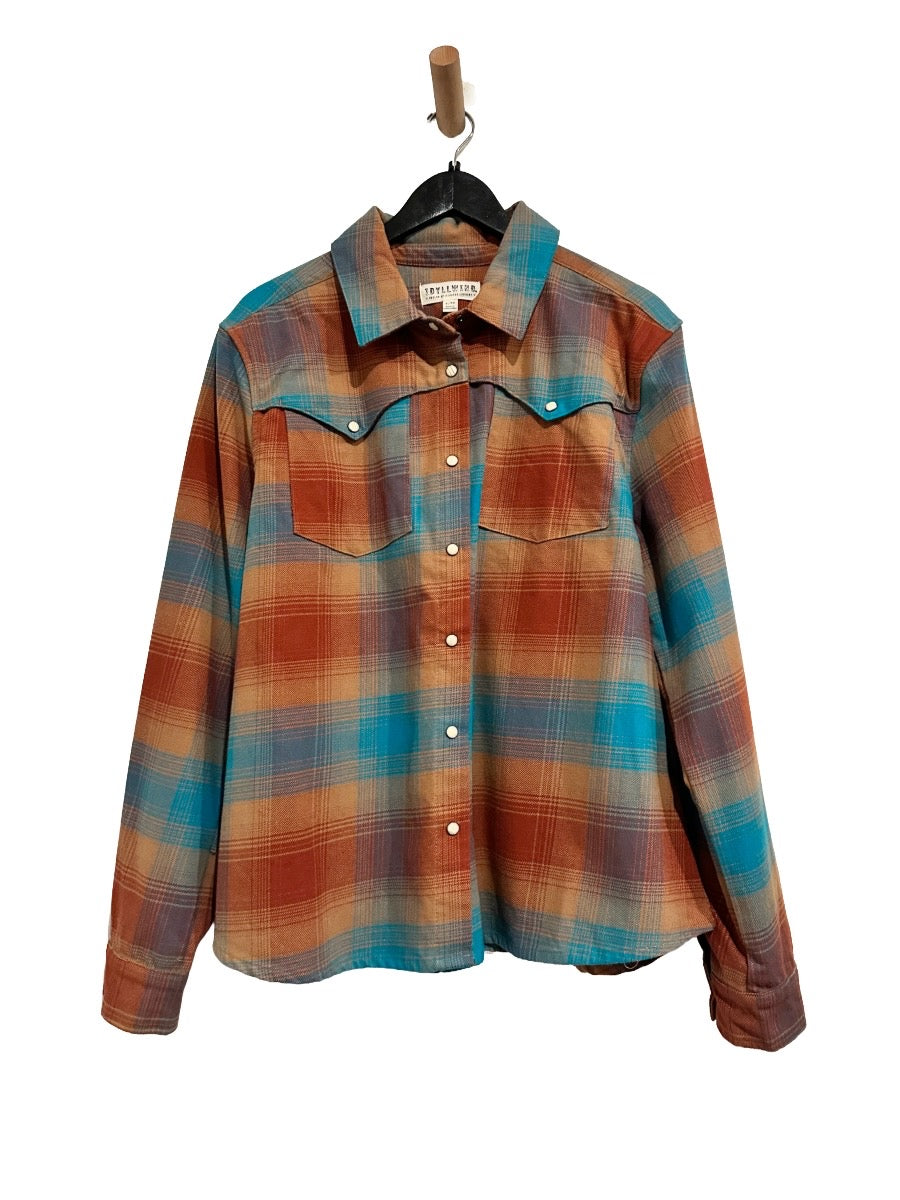 Idyllwind Brown and Turquoise Plaid Button Down Shacket - XL
