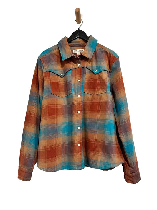 Idyllwind Brown and Turquoise Plaid Button Down Shacket - XL