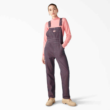 Dickies Regular Fit Hickory Stripe Bib Overalls in Pink/Navy - Small
