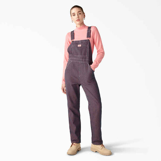 Dickies Regular Fit Hickory Stripe Bib Overalls in Pink/Navy - Small