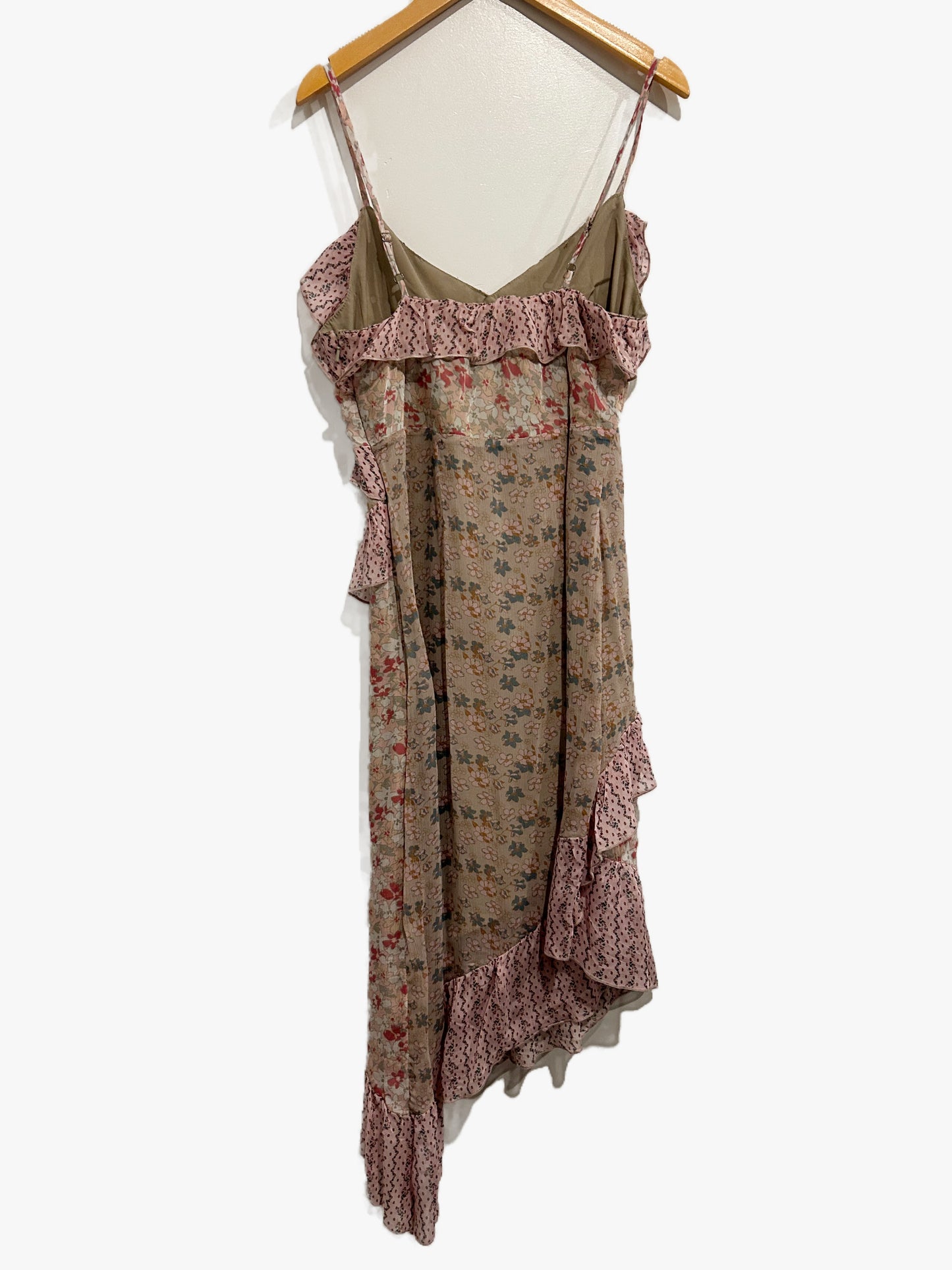 Lucky Brand Print Mix Ruffle Midi Dressing Pink Multi - XS
