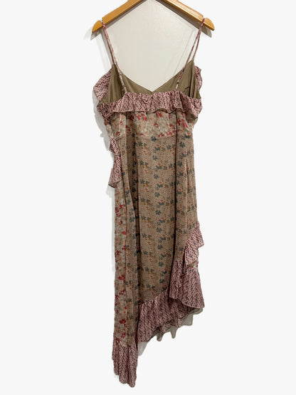 Lucky Brand Print Mix Ruffle Midi Dressing Pink Multi - XS