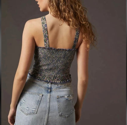 Anthropologie Blue Floral Smocked Tank Top - Medium