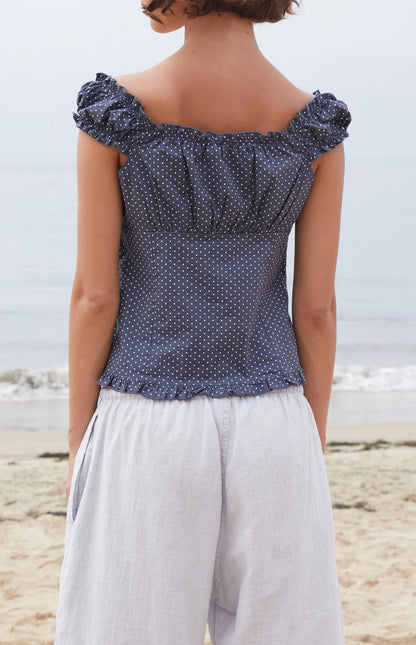 John Galt Elena Blue Polka Dot Top