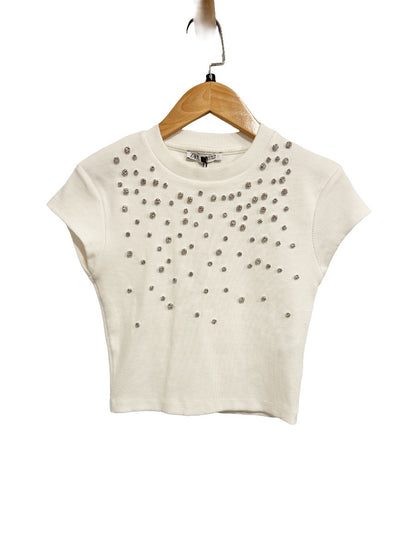 Zara NWT White Rhinestone Ribbed Crop Top - Medium