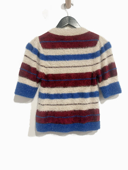 Anthropologie Maeve Short-Sleeve Fuzzy Cardigan Sweater in Blue Pattern - XS