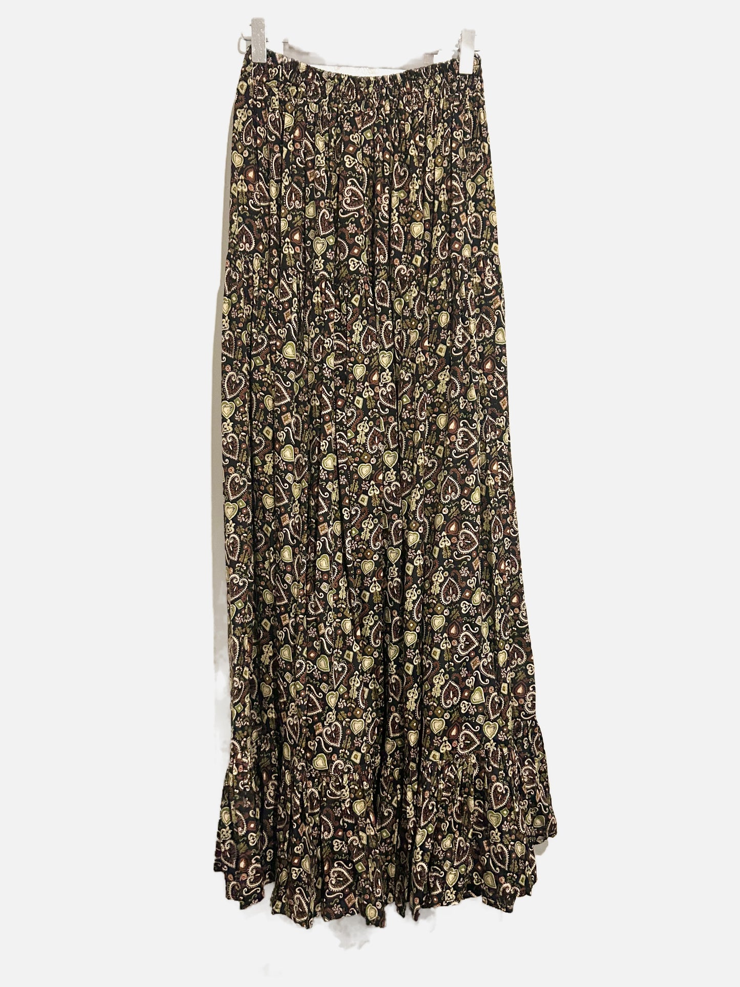 Vintage Desert West Black Western Heart Pattern Ruffle Maxi Skirt - O/S (SM)