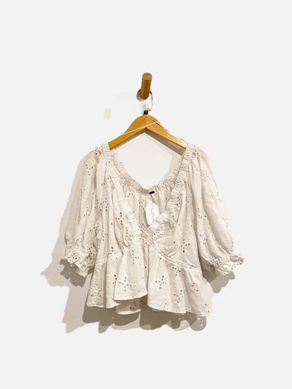 Free People White Eyelet Ruffle Crop Blouse - Large