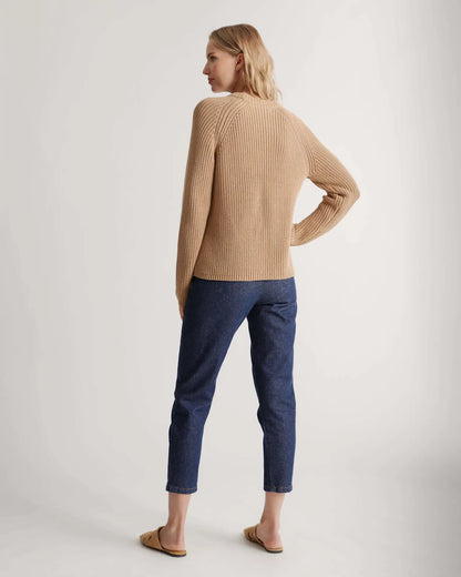 Quince Cotton Fisherman Crew Sweater in Camel - Small