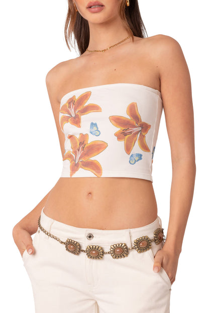 Edikted Tiger Lily Print Cotton Tube Top - Small