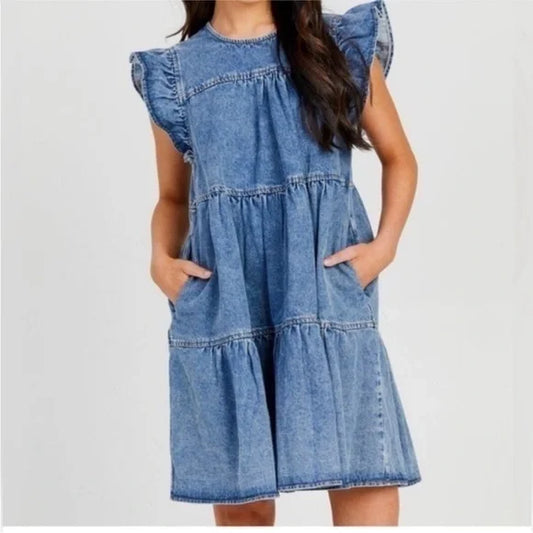 Altar’d State Denim Mini Ruffle Dress - Small