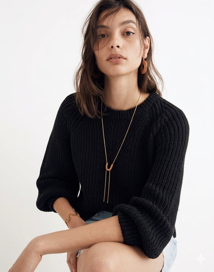 Madewell Balloon-Sleeve Pullover Sweater in True Black - Small