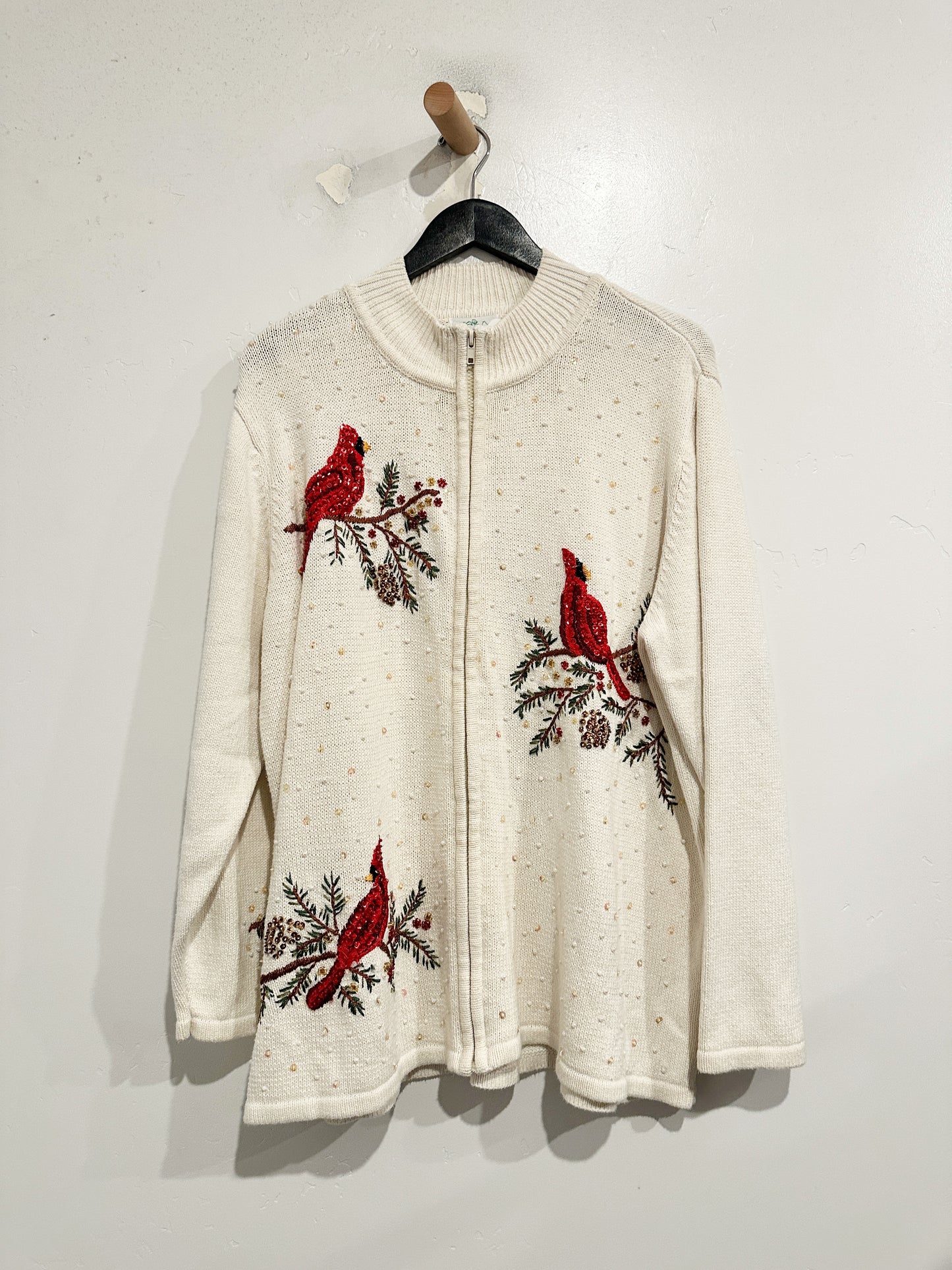 VTG Quacker Factory Bedazzled Winter Cardinal Zip Sweater - 1X