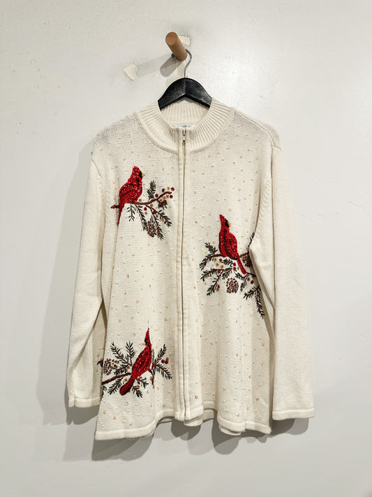 VTG Quacker Factory Bedazzled Winter Cardinal Zip Sweater - 1X