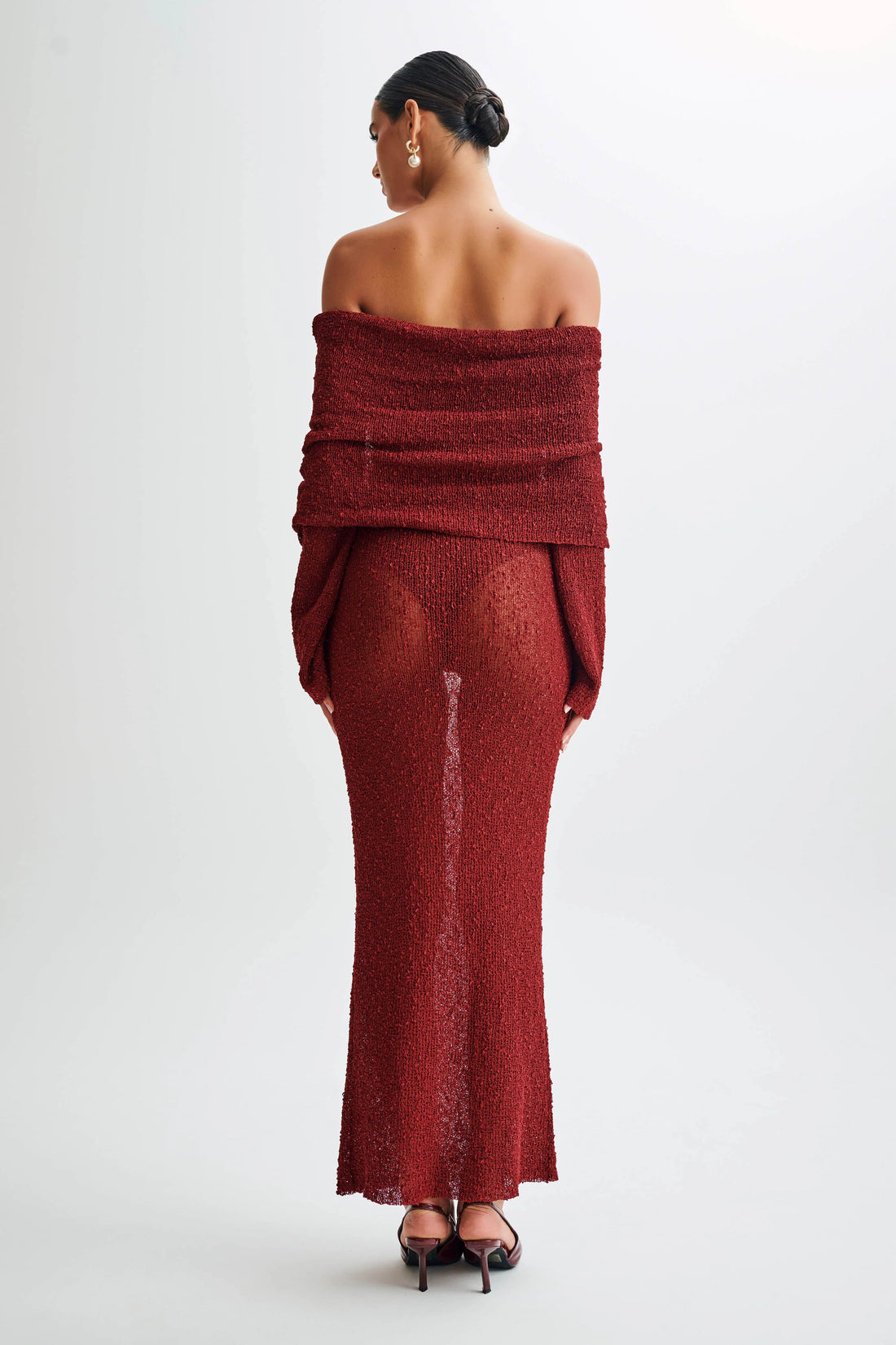 NWT Meshki Marisol Off Shoulder Boucle Maxi Dress in Plum - Small