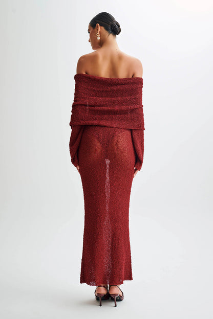 NWT Meshki Marisol Off Shoulder Boucle Maxi Dress in Plum - Small