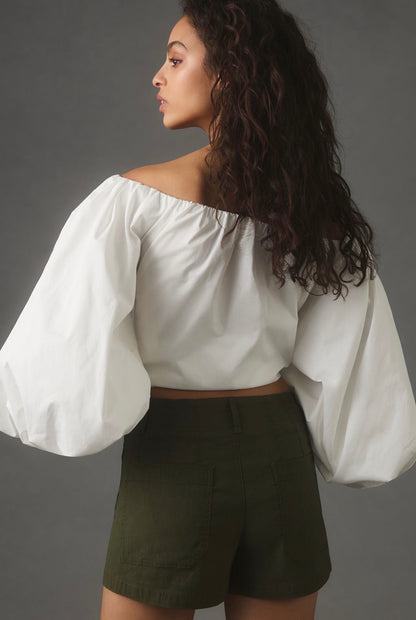 Anthropologie Maeve Colette Linen Blend High-Rise Shorts in Dried Fern - 31