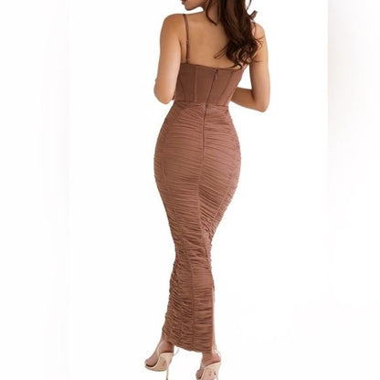 House of CB Lillian Corset Ruched Maxi Dress Mocha Size XS