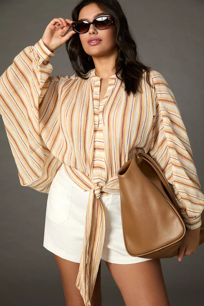 Anthropologie Orange Stripe Tie Front Blouse - XXS