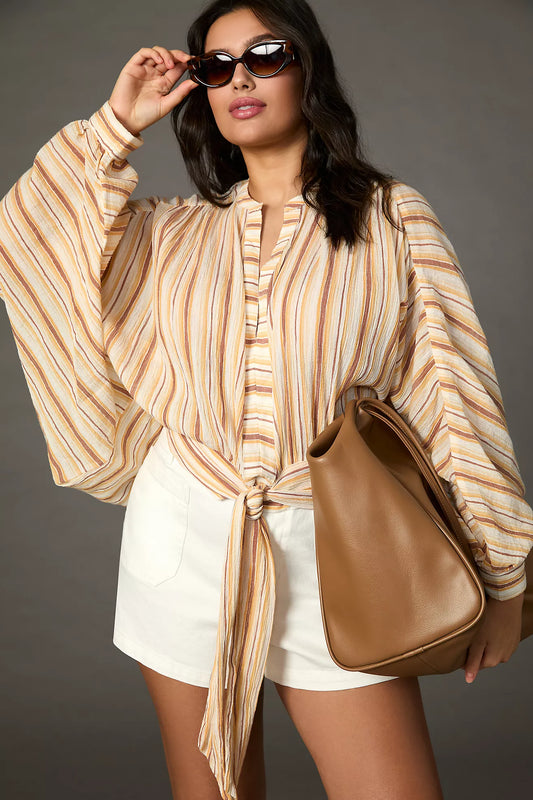 Anthropologie Orange Stripe Tie Front Blouse - XXS