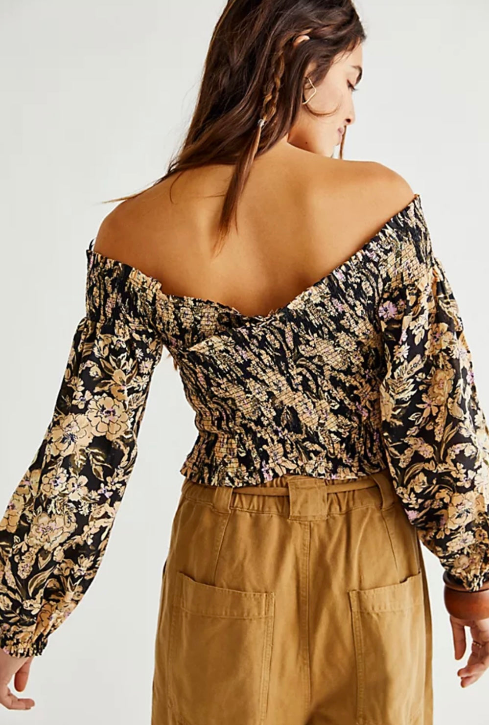 Free People Black Floral Smocked Wrap Top - Small