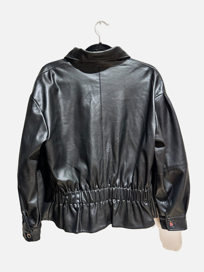 Shinestar Black Faux Leather Cargo Field Jacket - Medium
