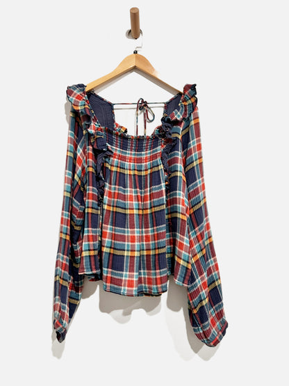 Free People Plaid Ruffle Blouse - XL