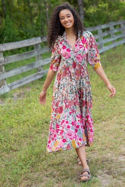 Natural Life Rebecca Midi Dress in Pink Vintage Floral - Medium