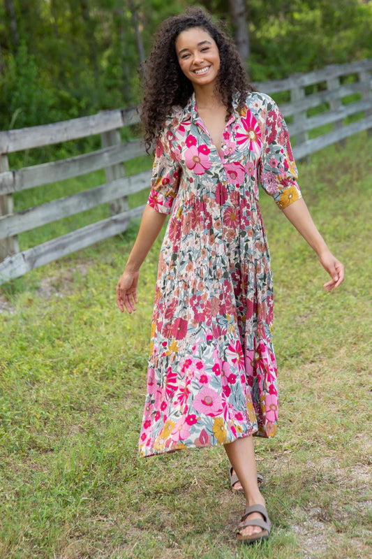 Natural Life Rebecca Midi Dress in Pink Vintage Floral - Medium