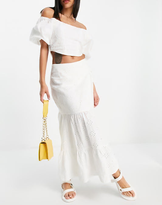 Bardot Tiered Eyelet Maxi Skirt in Ivory - 8