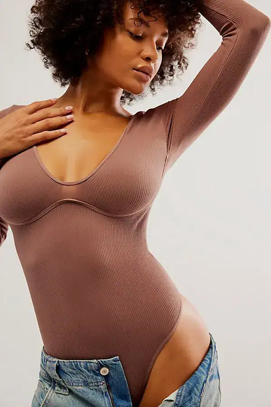 Free People Intimately Meg Seamless Long Sleeve Bodysuit in Brown - M/L