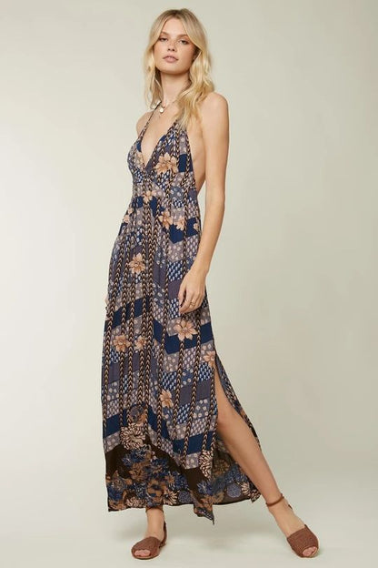 O’Neill Blue/Brown Halter Maxi Dress - XS