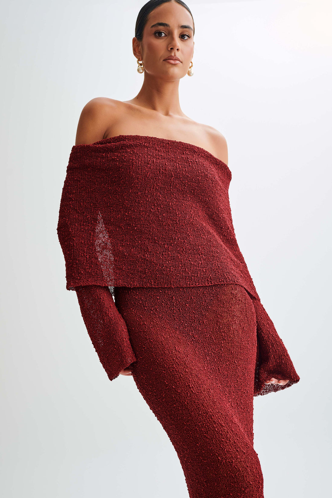 NWT Meshki Marisol Off Shoulder Boucle Maxi Dress in Plum - Small