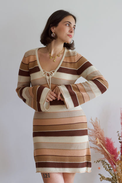 La Lavon Brown Stripe Knit LS Dress - Small
