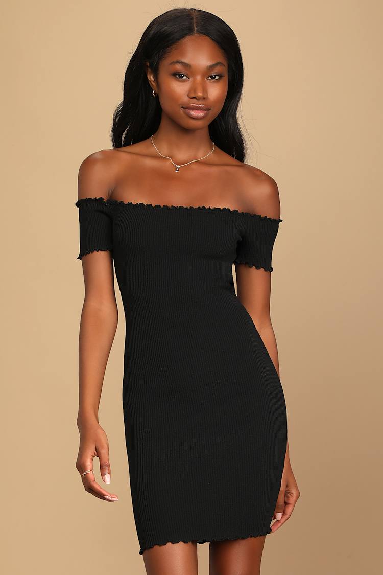 Lulus Growing Bolder Black Ribbed Off-the-Shoulder Bodycon Dress - Medium